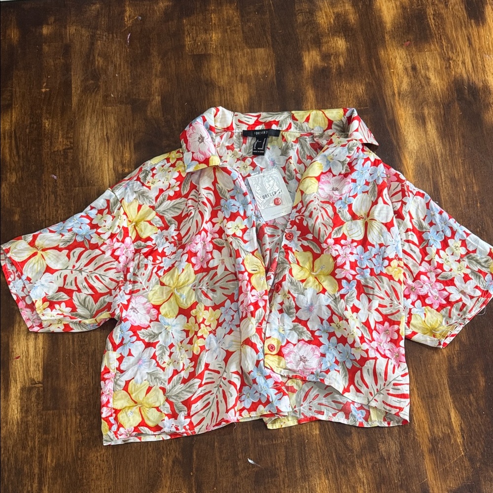 Forever 21 Tropical Floral Blouse - Red, Yellow, Light Blue